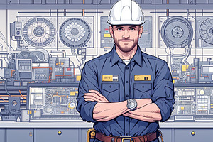 Confident factory engineer standing before advanced equipment, an Illustration by AS photostudio