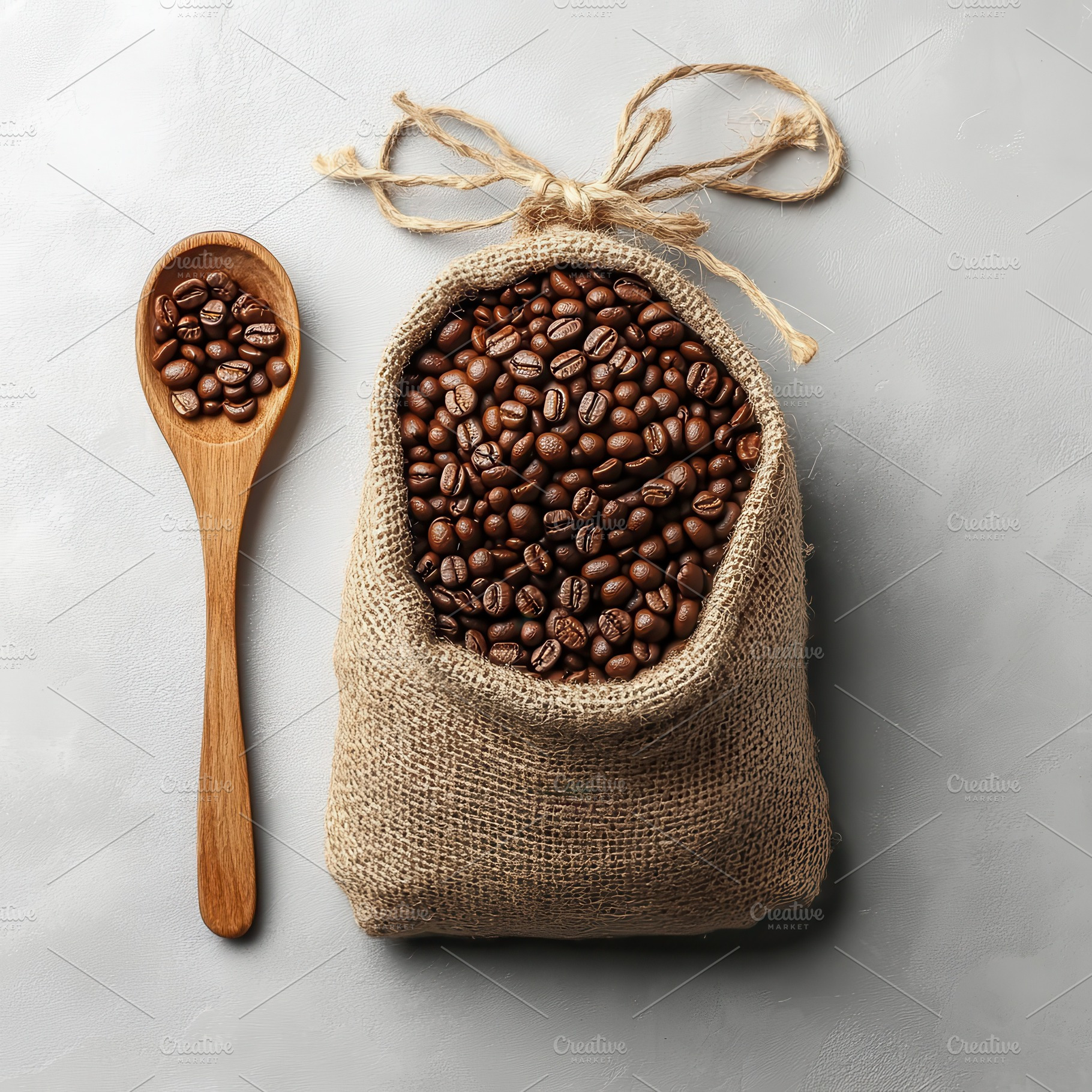Roasted coffee beans in burlap sack, a Food & Drink Photo by Pixeness Studio