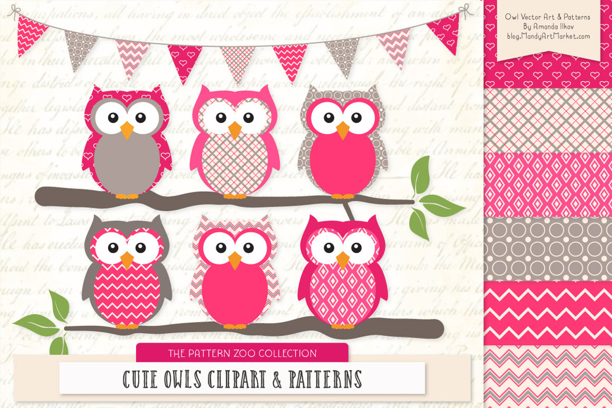 Owls Clipart & Patterns in Hot Pink, an Animal Illustration by Amanda Ilkov (Photo 1 of 4)