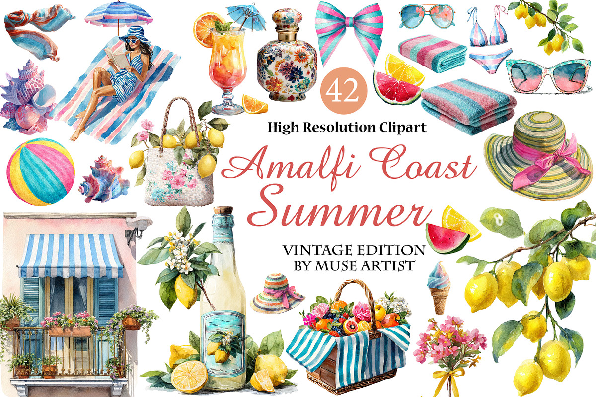 Watercolor Amalfi Coast Summer, an Illustration by DreamArtGraphic (Photo 1 of 4)