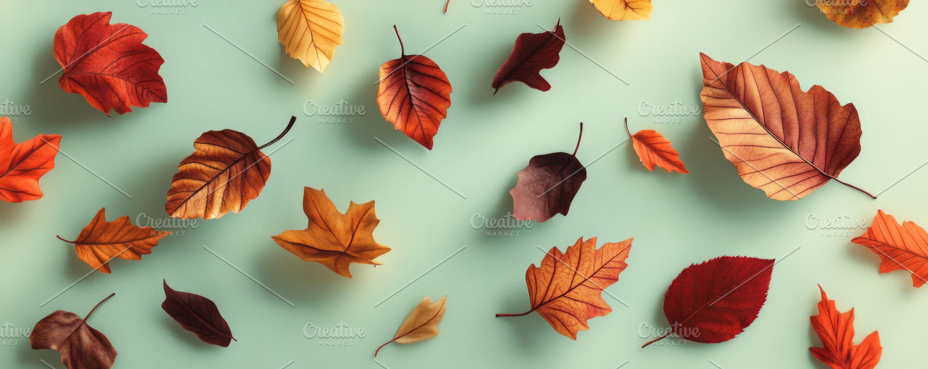 Vibrant autumn leaves scattered on blue background banner, an Abstract Photo by Natalia Klenova's Shop