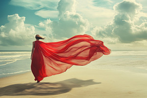 Elegant Woman in Flowing Red Dress on a Windy Beach, an Abstract Photo by Natalia Klenova's Shop