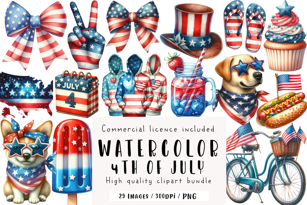 Hello 4th of July Watercolor Clipart, an Illustration by CreationArt (Photo 1 of 5)