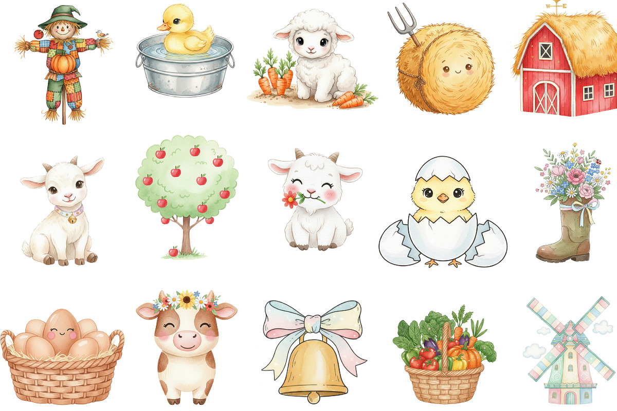 Watercolor Cute Farm Clipart, an Illustration by Designking (Photo 2 of 5)