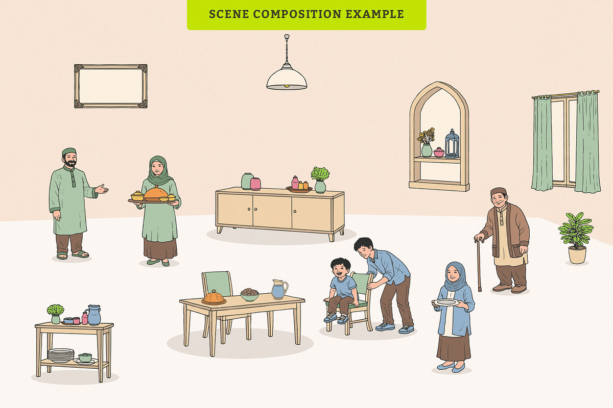 Eid Dining Room Scene Illustration, an Illustration by MEANDSTUDIO (Photo 2 of 5)