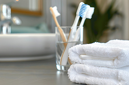 Bathroom table with toothbrushes in glass and white towel, a Health & Medical Photo by AlyaAnd