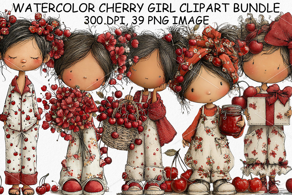 Watercolor Cherry Girl Clipart PNG, a Seasonal Illustration by Canvas Craft (Photo 1 of 3)
