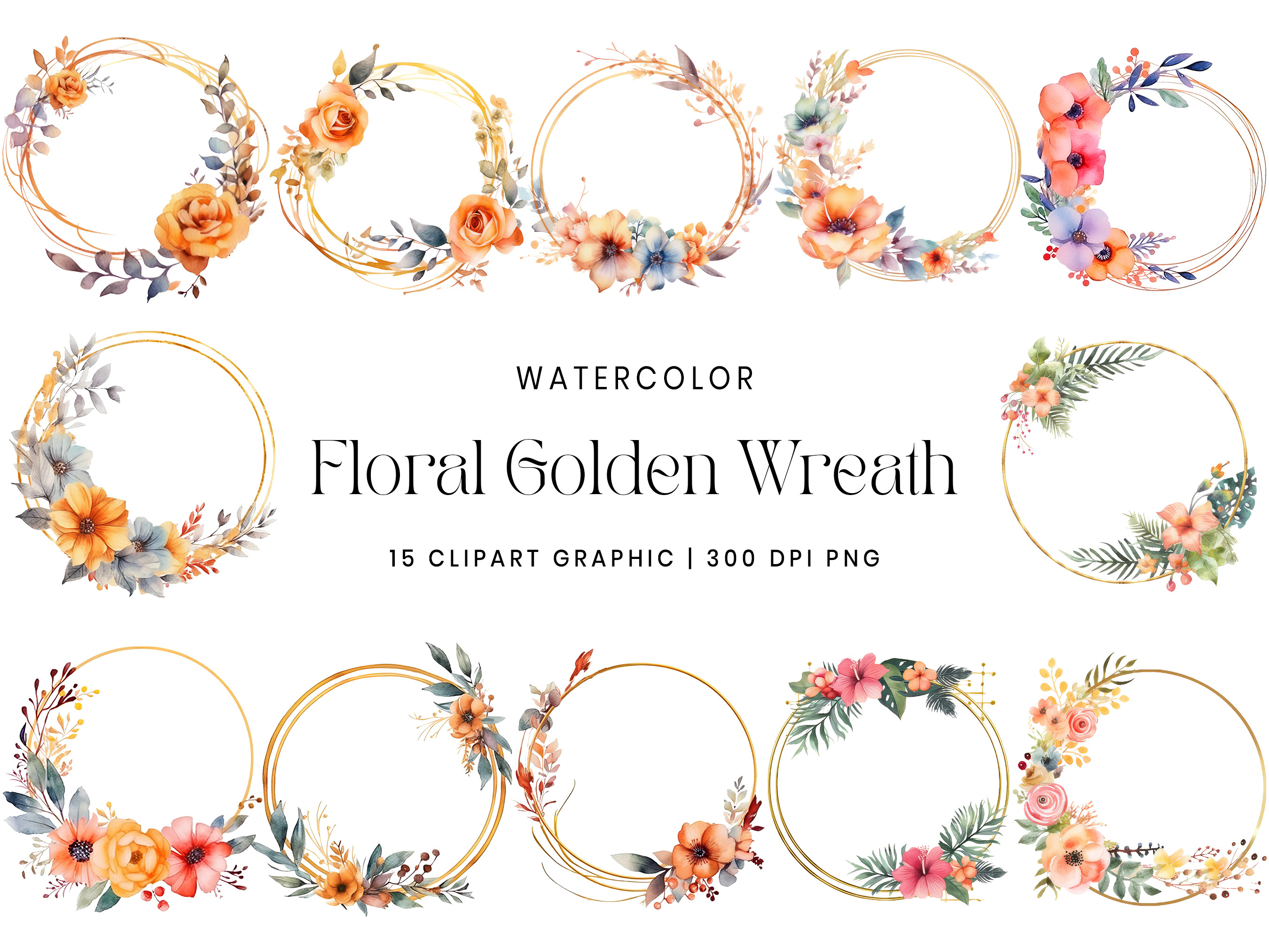 Floral Golden Wreath Clipart Bundle, an Object Illustration by Design ...