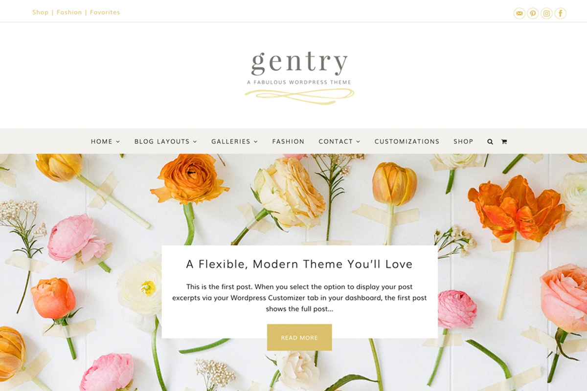Gentry Feminine WordPress Theme, a WordPress Template by angiemakeswebsites (Photo 1 of 6)