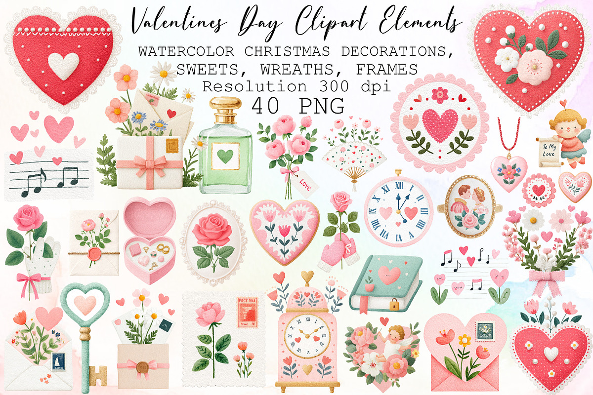 Valentines Day Clipart Vintage Eleme, an Illustration by Sublimation Artist (Photo 1 of 6)