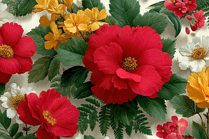 Bright red, yellow, and white tropical flowers with lush green l, a Nature Photo by José Manuel Gelpi