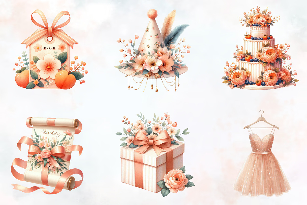 Peach Floral Birthday Watercolor PNG, an Illustration by RobertsArt (Photo 2 of 7)