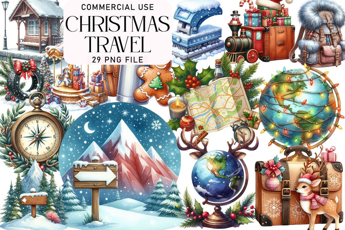 Christmas Travel Watercolour Clipart, an Illustration by Daily.Designs (Photo 1 of 5)