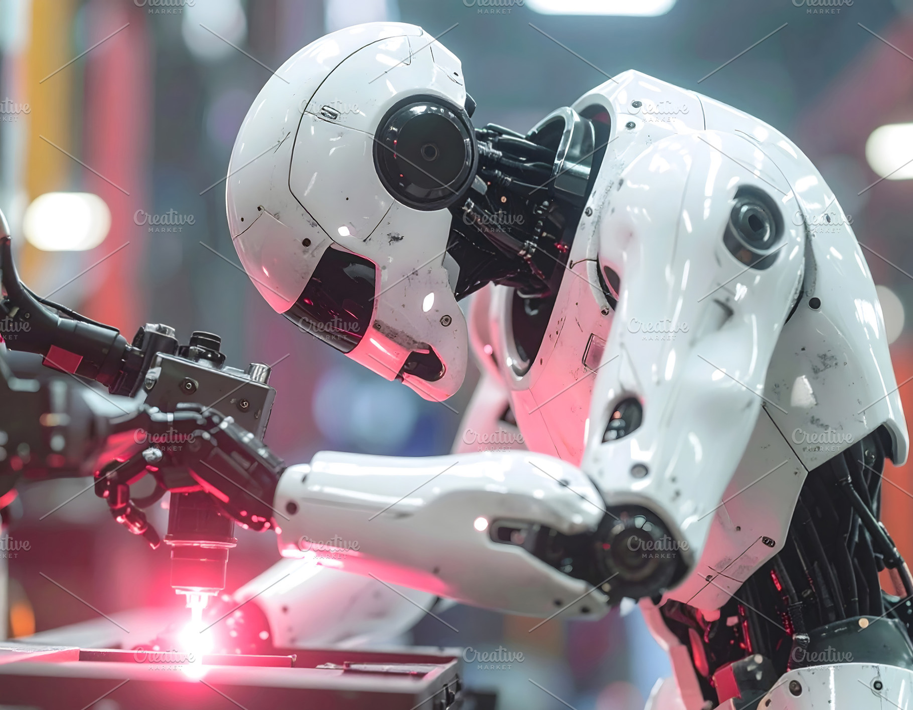Factory robot welding bright red sparks in manufacturing hall, a Technology Photo by GoodGoods