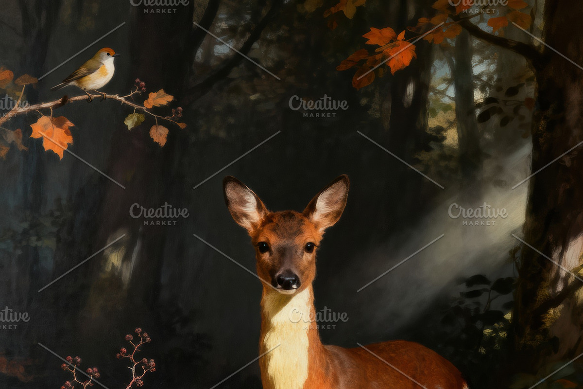 Fawn and Bird in Dappled Forest, an Animal Illustration by Virgo Studio