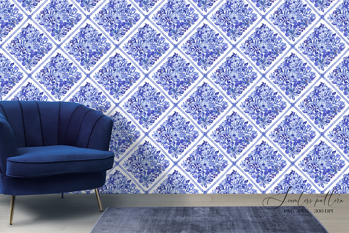 Blue Floral Portugal Mosaic Pattern, a Pattern Graphic by SirenaArt (Photo 8 of 14)