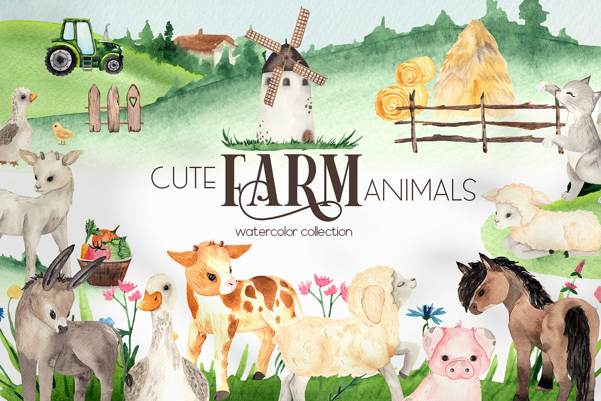 Watercolor Farm Animals, an Object Graphic by Ana-Sakuta (Photo 1 of 20)