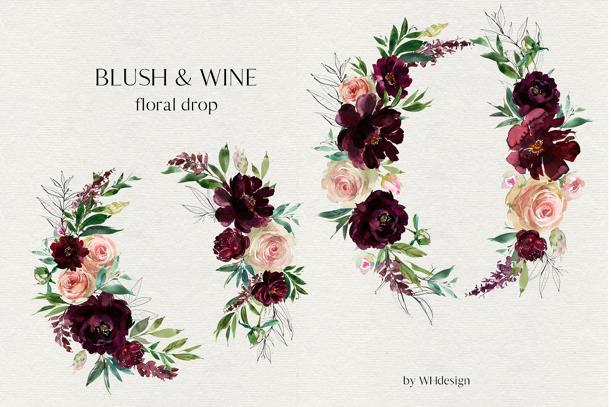 Blush & Wine Watercolor Flowers PNG, a Decorative Illustration by whiteheartdesign (Photo 6 of 10)