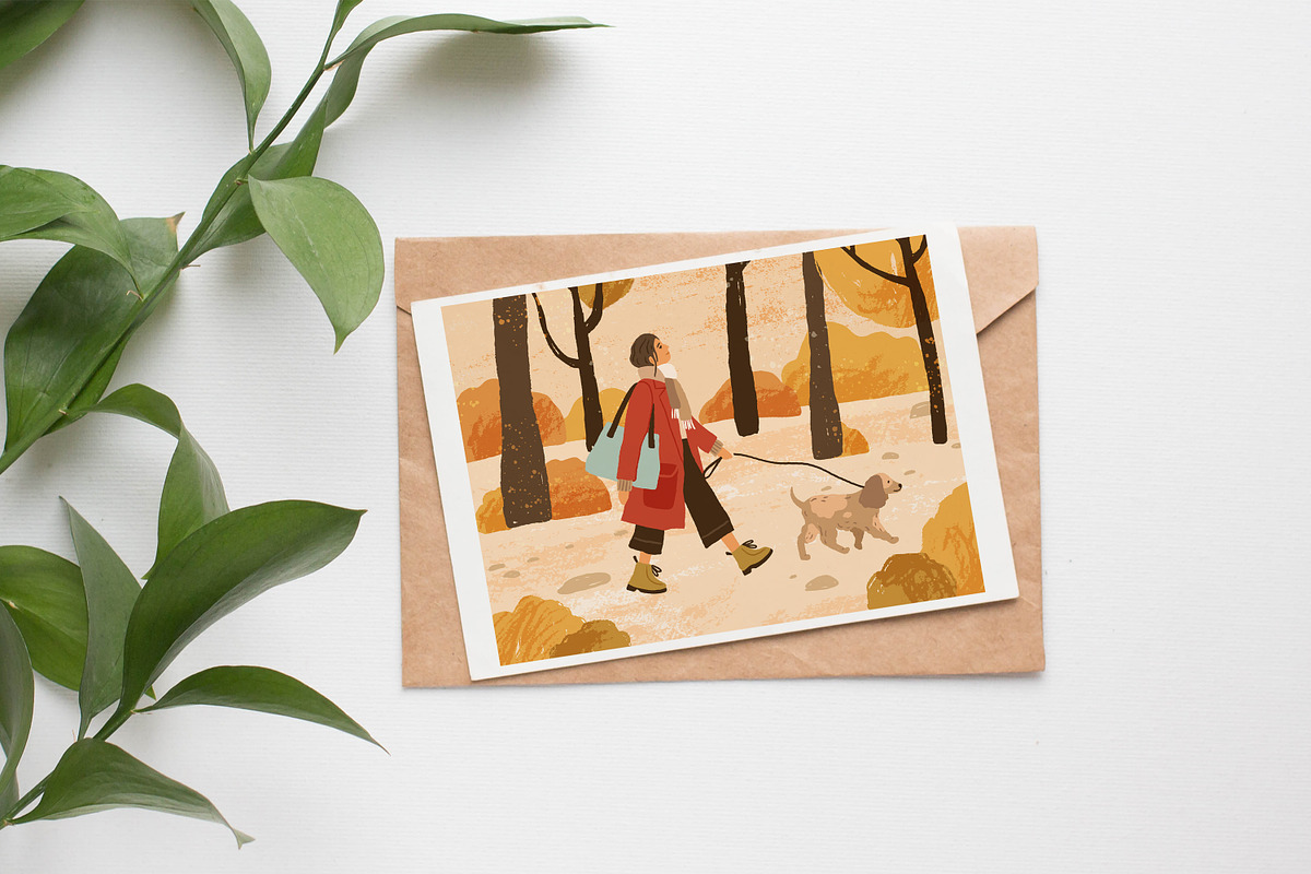 Woman walking dog in autumn park, an Animal Illustration by Good Studio (Photo 2 of 2)