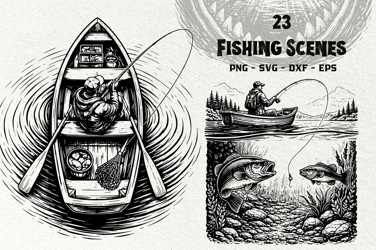 Fishing Scenes Engraving Graphics, a Sport Illustration by DENIDigitalArtSudio (Photo 1 of 8)