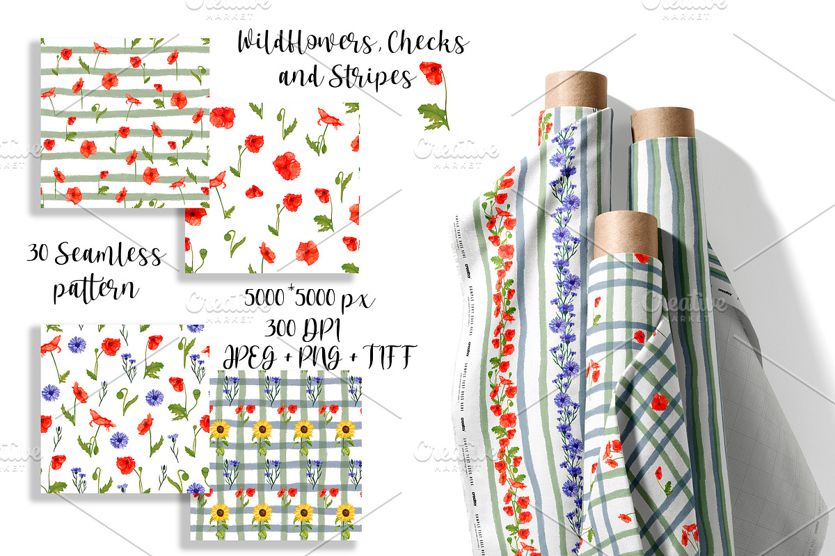 Wildflowers, stripes, checks bandle, a Pattern Graphic by Oksana Dovhopol Art (Photo 3 of 23)