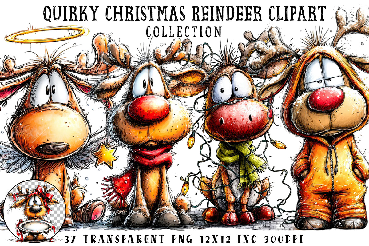 Quirky Christmas Reindeer Clipart, an Illustration by OK Design (Photo 1 of 6)