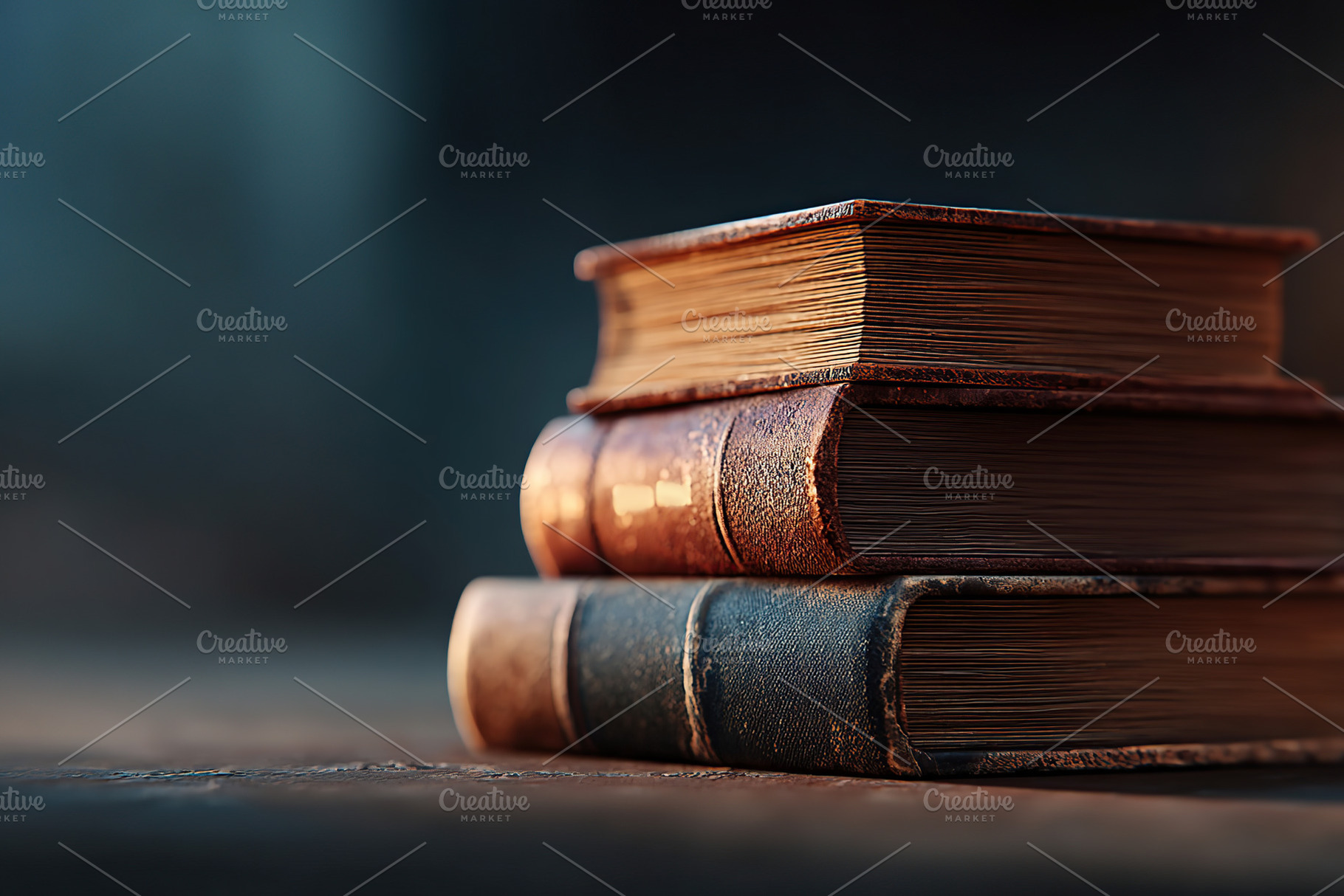 Stack of three vintage books resting on a wooden surface in low light at a cozy, a Photo by AlyaAnd