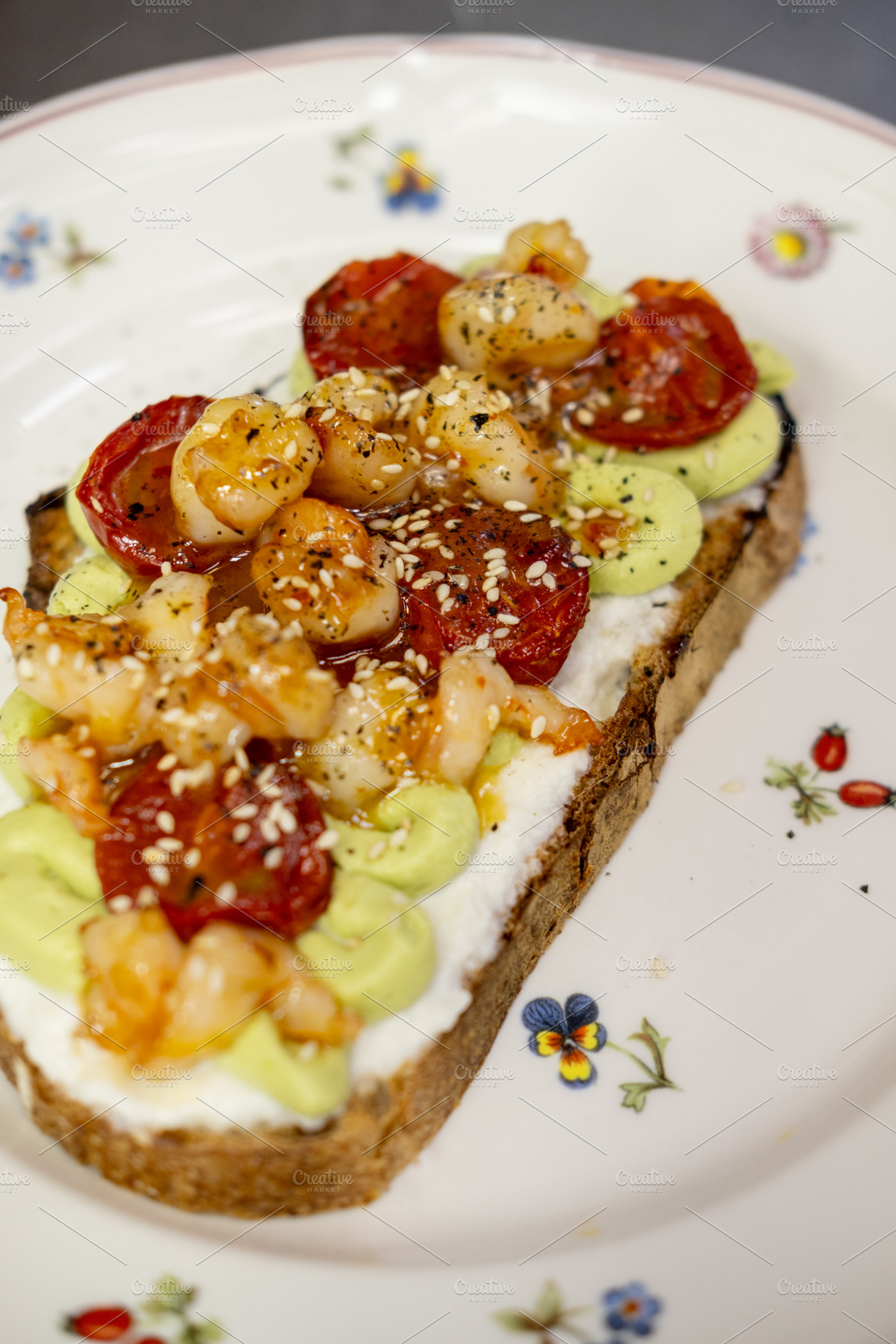 Dinner toast restaurant recipe prawn tomatoes, a Food & Drink Photo by Photo Drive Studio