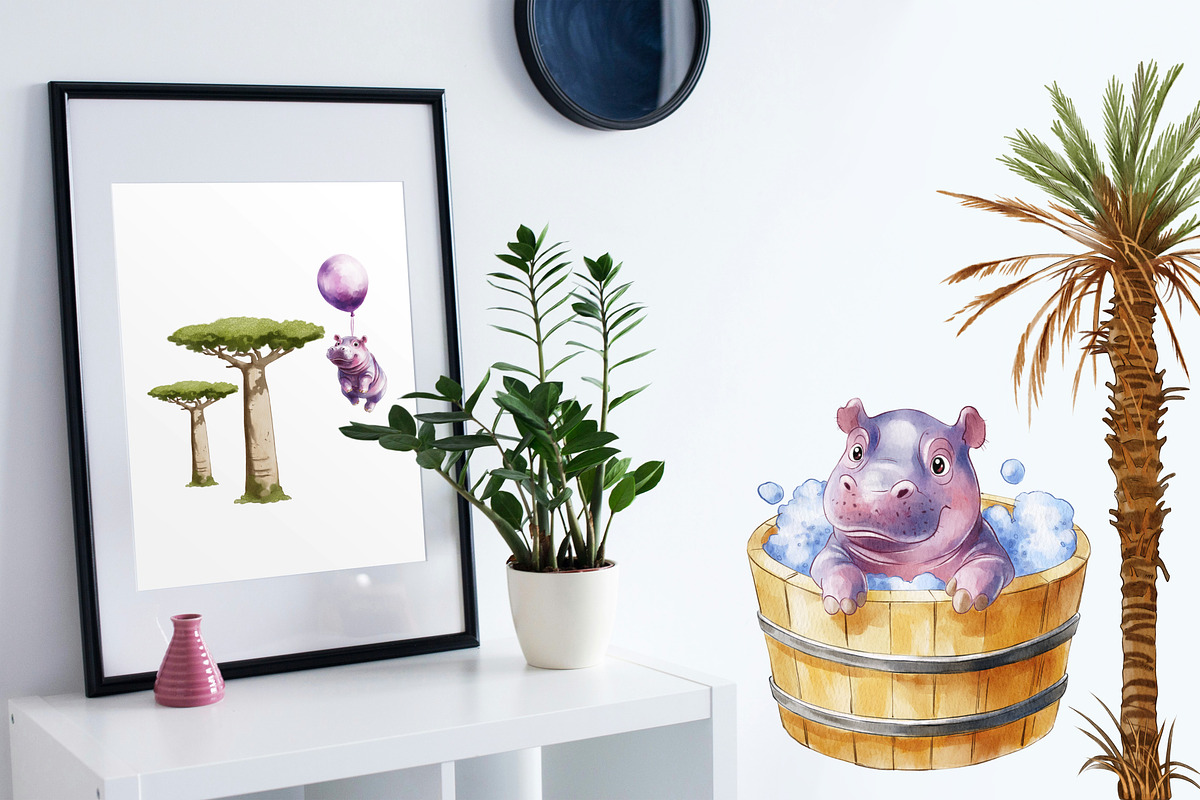 Birthday Hippo – Watercolor Clipart, an Illustration by IrynaPanashii (Photo 5 of 9)