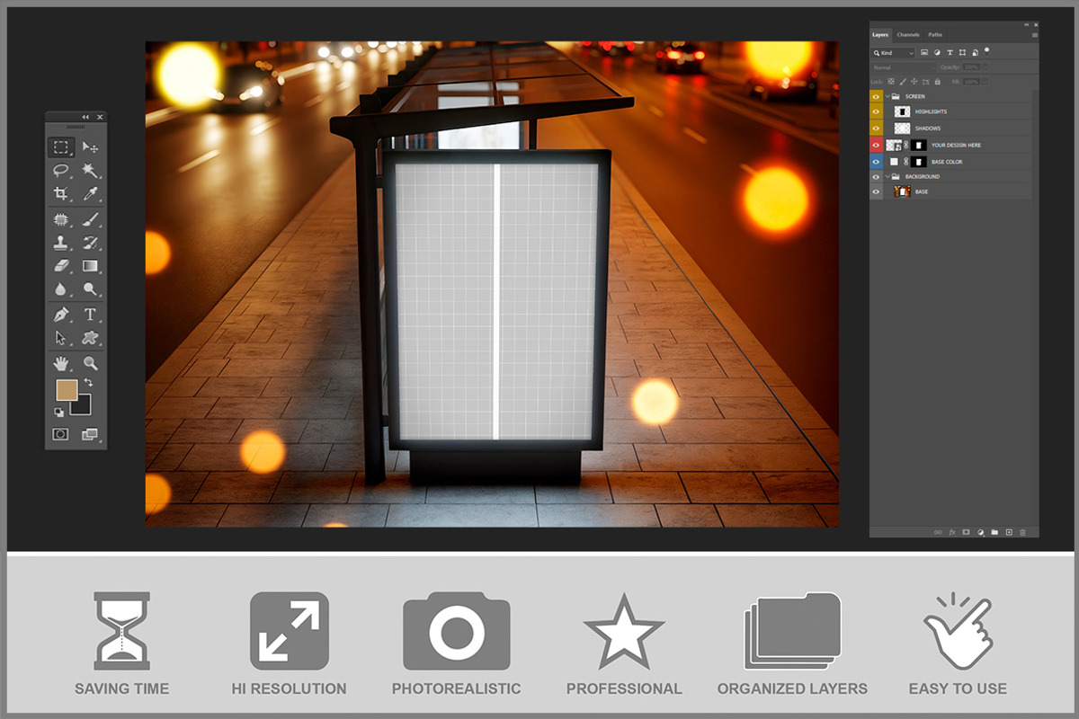 Bus Stop Poster Mockup at Night PSD, an Advertising Mockup by Bruno's Shop (Photo 3 of 4)