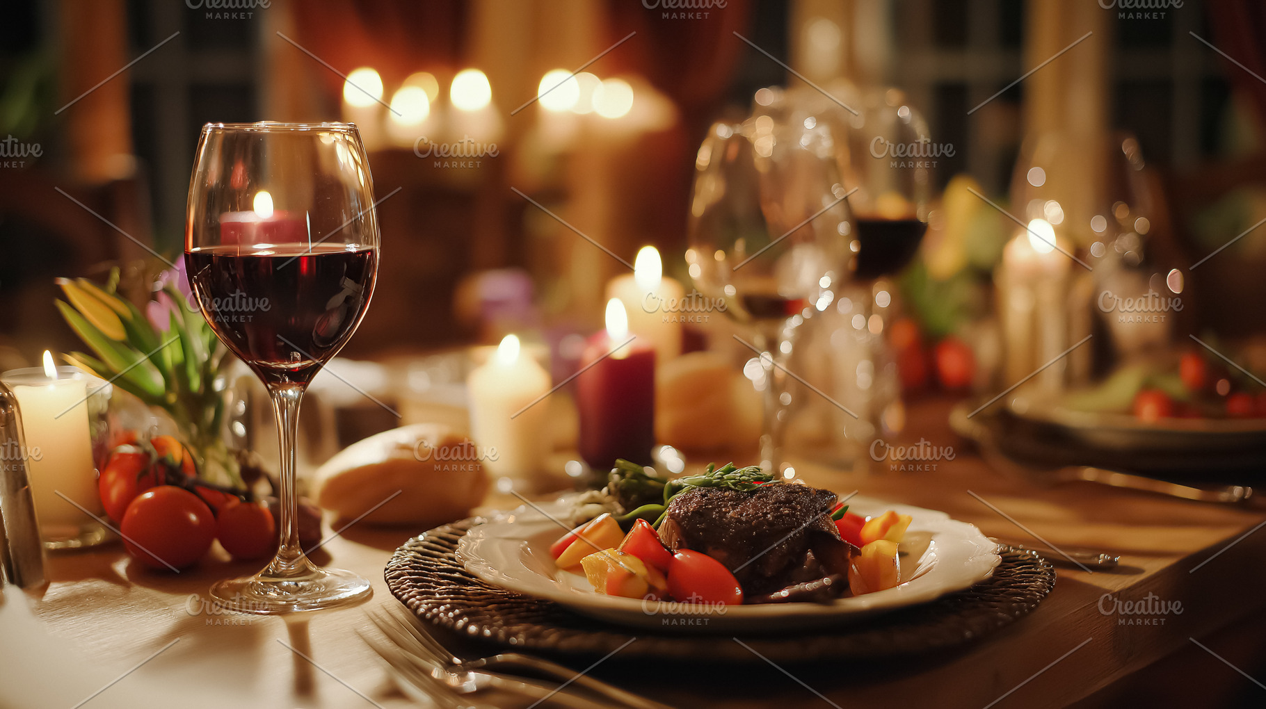 Elegantly set table with a glass of red wine, gourmet food, and glowing candles, a Food & Drink Photo by Studio ANNA