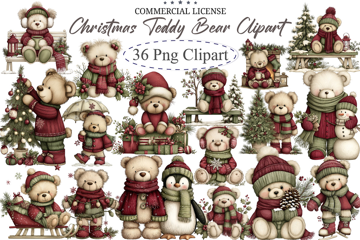 Christmas Teddy Bear Clipart, an Illustration by designcity5 (Photo 1 of 5)