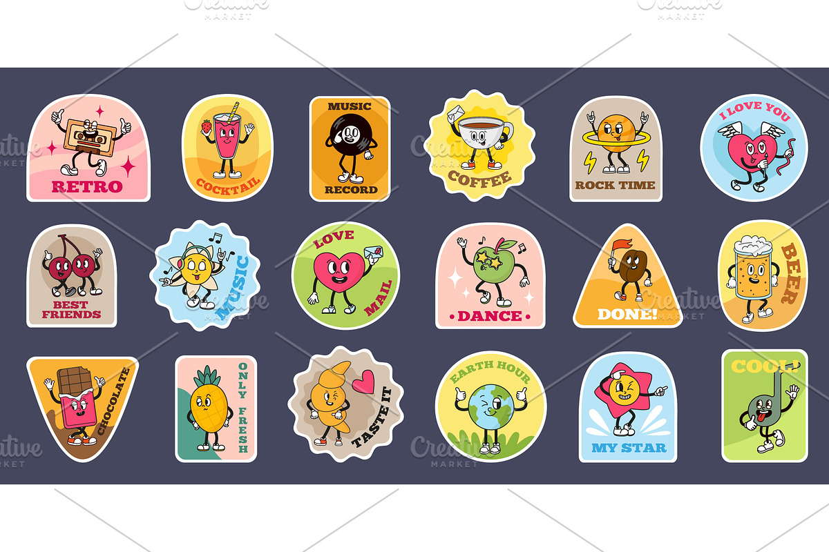 Groovy stickers design. Funky labels, a Food Illustration by Valerie Bodnar