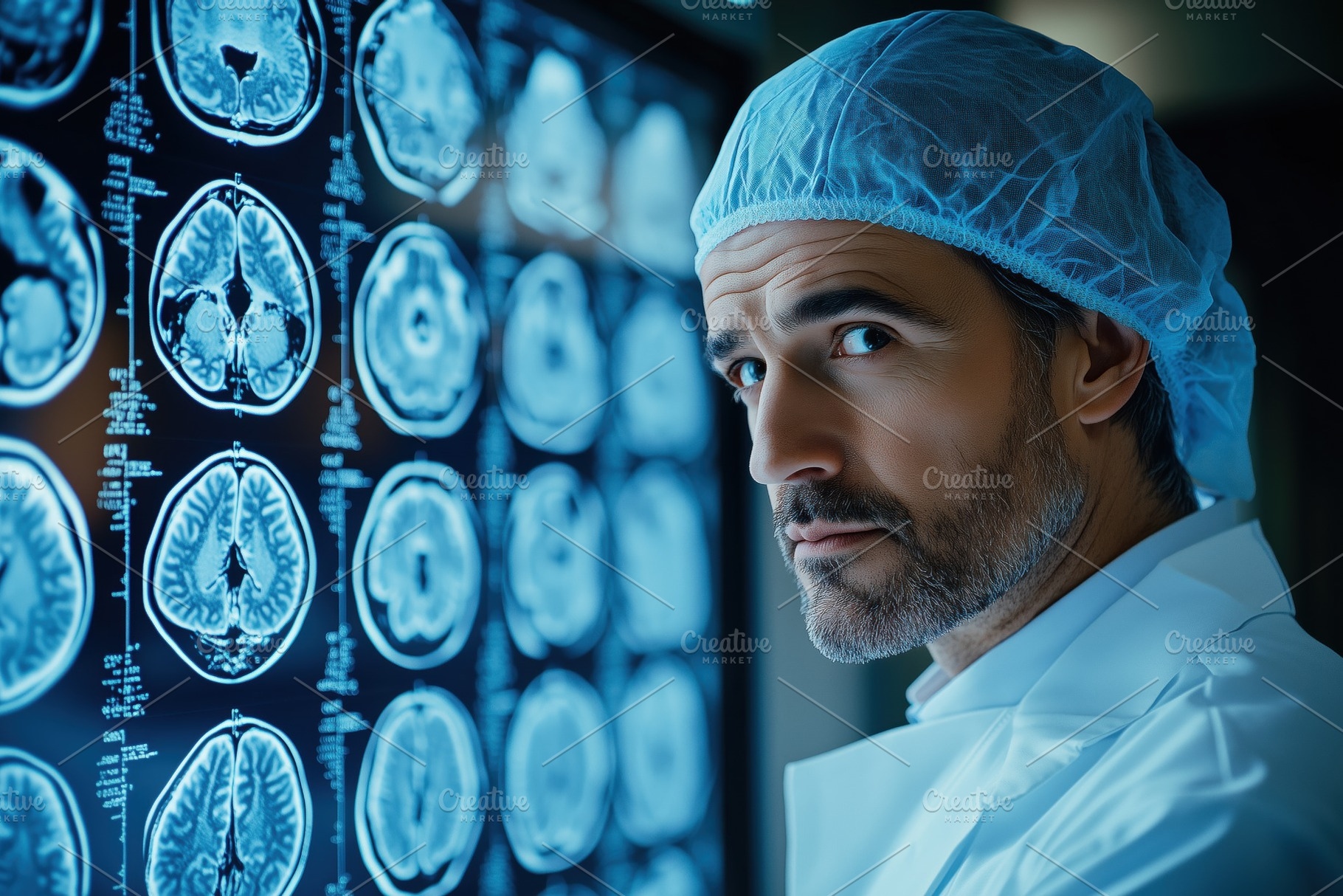 A neurosurgeon male medical professional in a surgical cap and coat stands in f, a Person Photo by Textures & Backgrounds