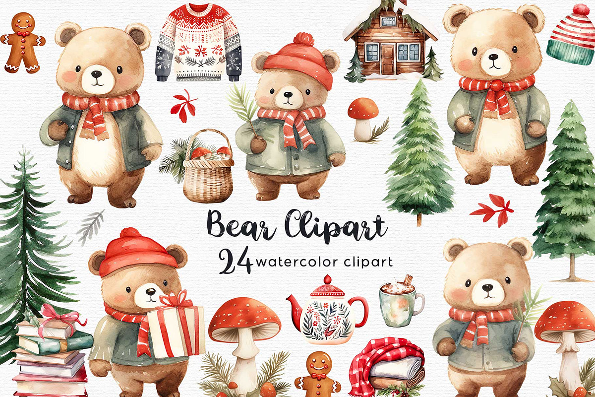 Watercolor Christmas Bear Clipart, an Illustration by Autumn Breeze (Photo 1 of 7)