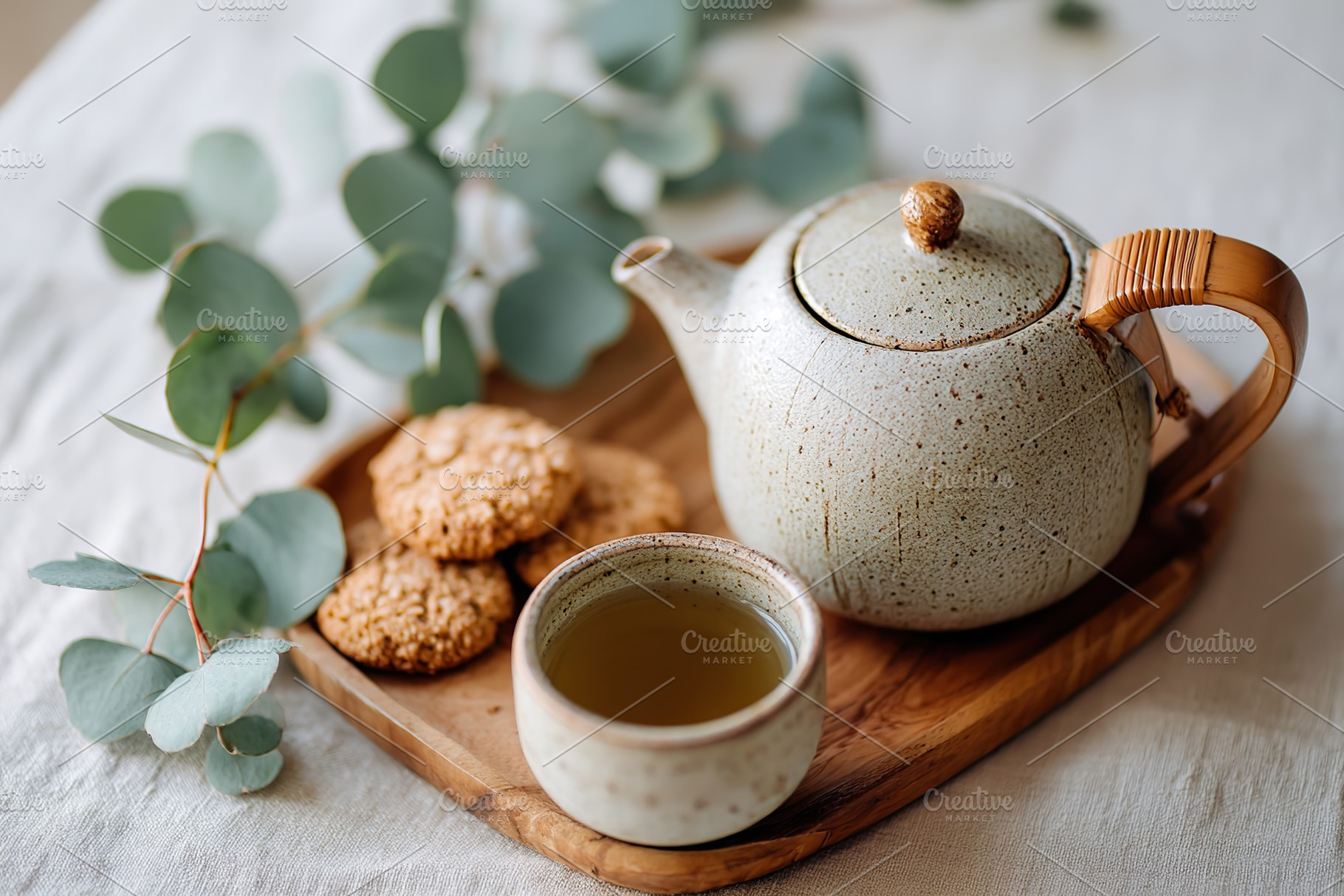 Cozy kitchen setup with tea, cookies, and fresh eucalyptus on a wooden table, a Food & Drink Photo by AlyaAnd