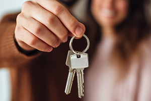 Joyful couple holds set of keys, a Business Photo by MistyDay