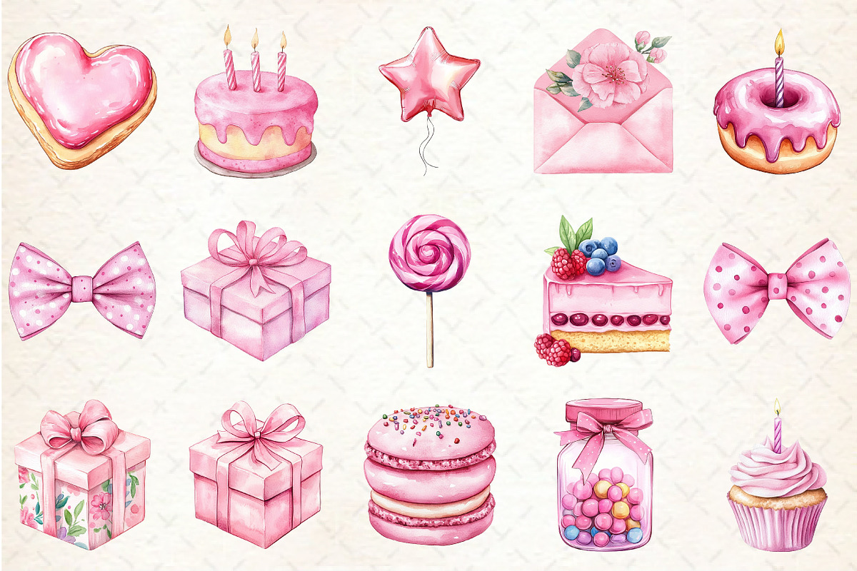 Pink Birthday Watercolor Clipart, an Illustration by Rose Art (Photo 2 of 4)
