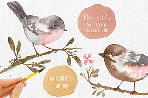 Watercolor Romantic Birds Handmade