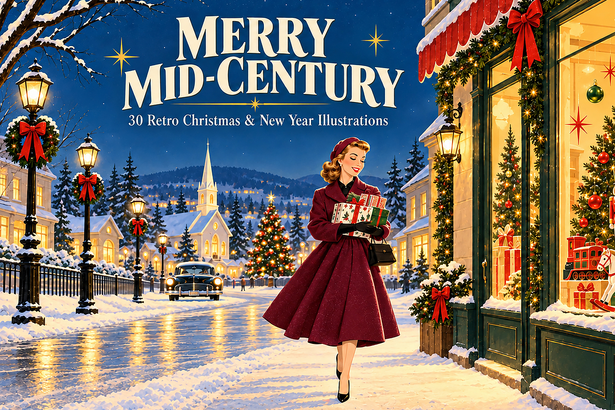 Retro Christmas Illustrations, a Seasonal Illustration by MarisoArt (Photo 1 of 6)