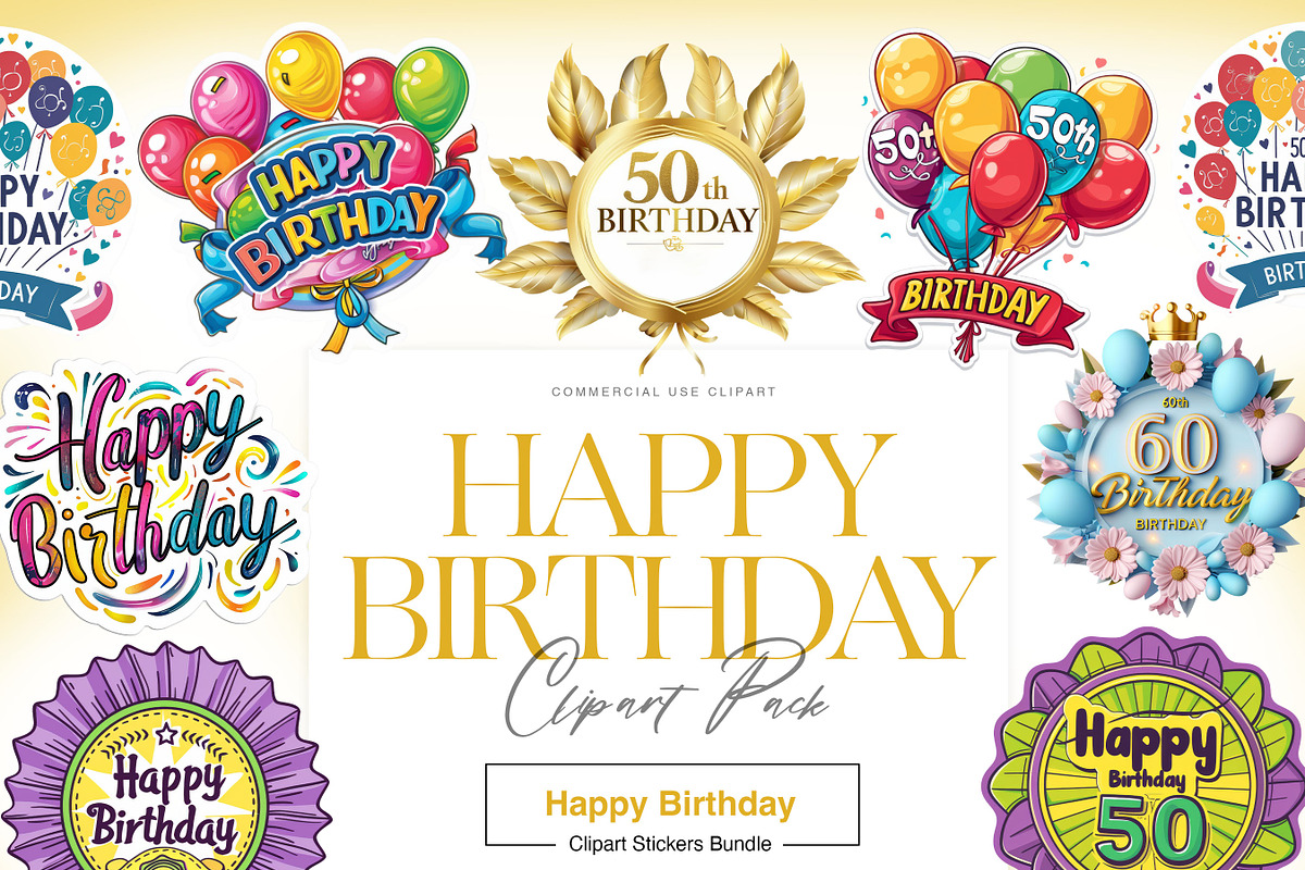 Happy Birthday Clipart, Birthday PNG, a Decorative Illustration by BrushstrokeArtGB (Photo 1 of 9)
