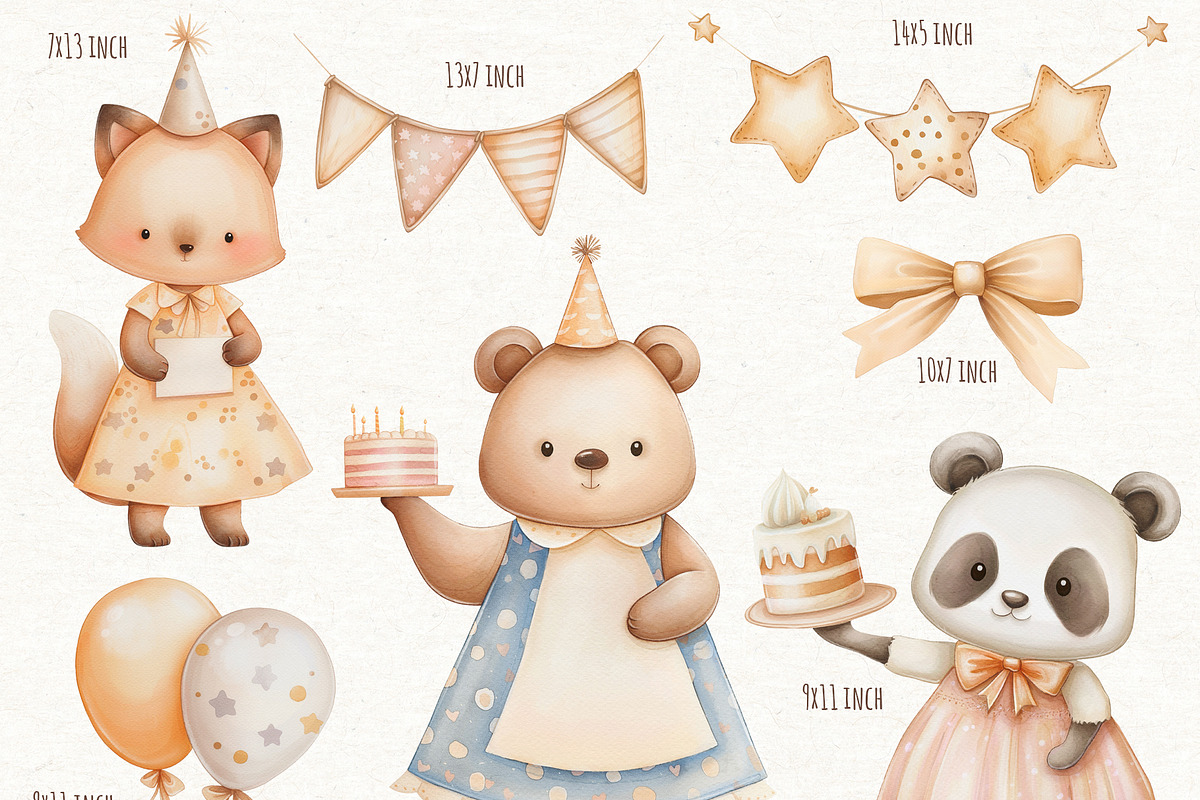 Happy Birthday Watercolor Clipart, an Animal Illustration by ekossa_art (Photo 2 of 6)