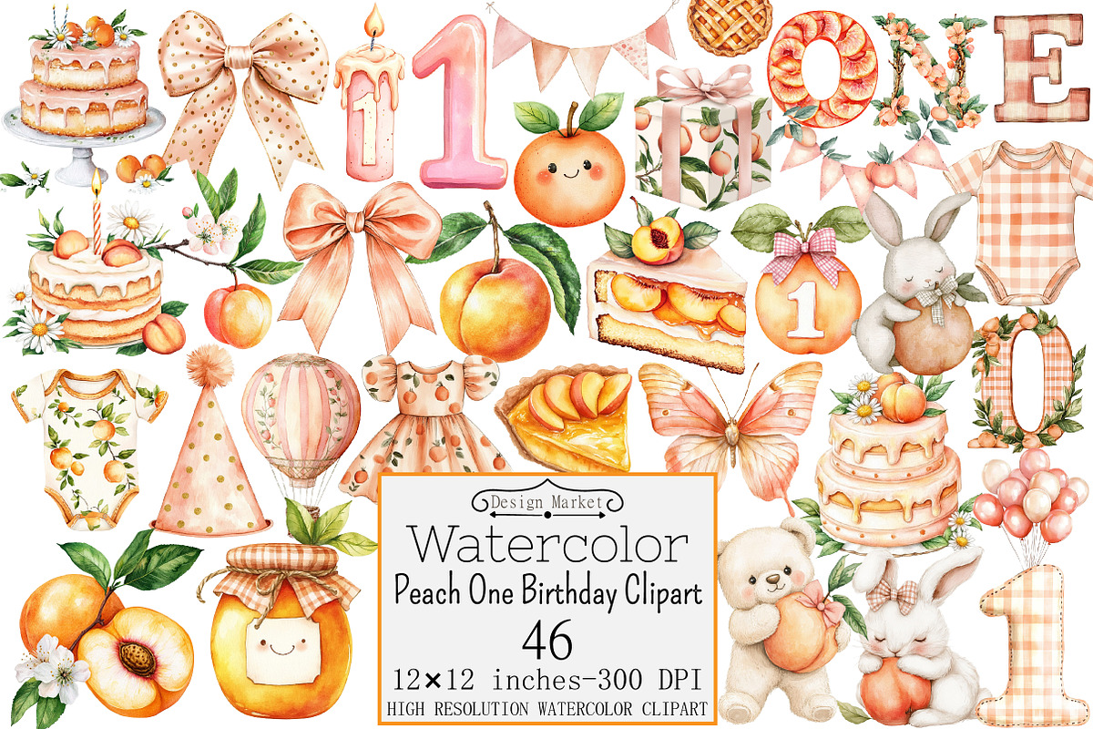 Watercolor Peach One Birthday Clipar, a Seasonal Illustration by Design Market (Photo 1 of 5)