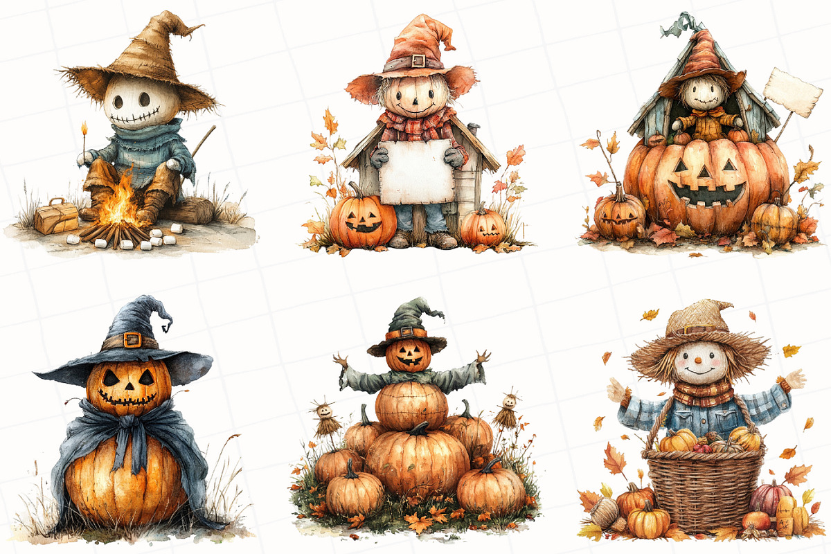 Watercolor Fall Scarecrow Clipart, an Illustration by OK Design (Photo 3 of 5)