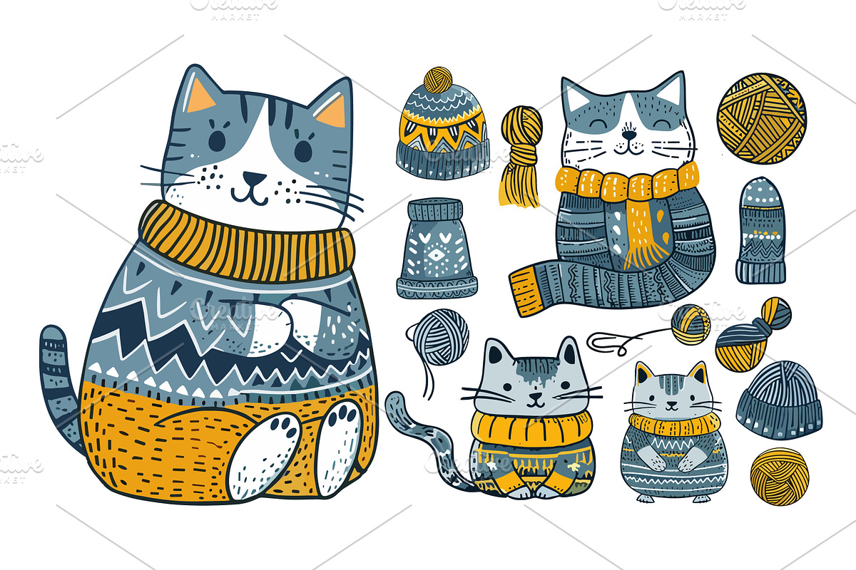 Wool knitting cats cartoon vector, an Animal Illustration by Valerie Bodnar