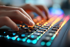 Fingers typing on a brightly lit mechanical keyboard in a cozy workspace at nig, a Technology Photo by AlyaAnd