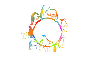 Round frame with colored penguins, an Animal Illustration by Nenahliadava Design