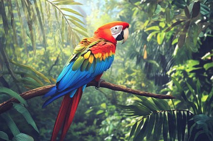 A lush rainforest filled with macaws, a Photo by Pavel_design