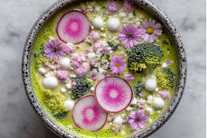 A bowl of broccoli cream soup sits, a Food & Drink Photo by ZinetroN