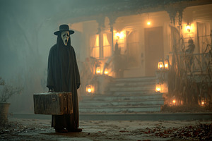 Haunted figure in a cloak with a suitcase stands before a warmly lit haunted ho, a Photo by AS photostudio